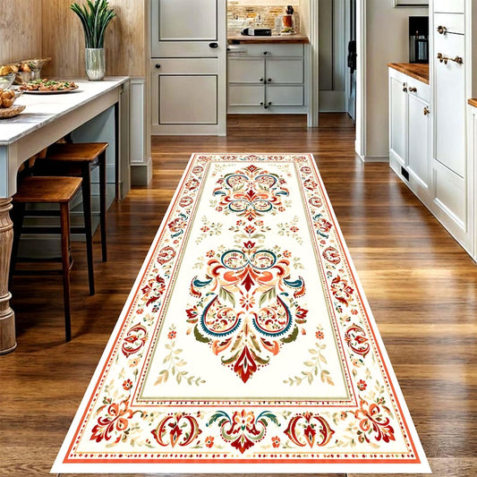 Watercolor Floral Runner Rug: Cream Vintage Folk Pattern Hallway Carpet, Non-Slip Machine-Washable