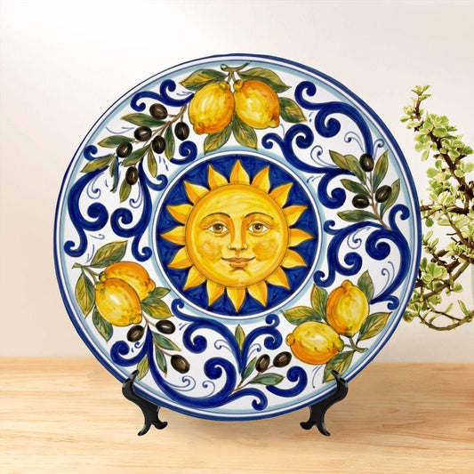 Mediterranean Sun Display Plate Inspired by Sicilian Citrus Groves and Traditional Blue Patterns Art