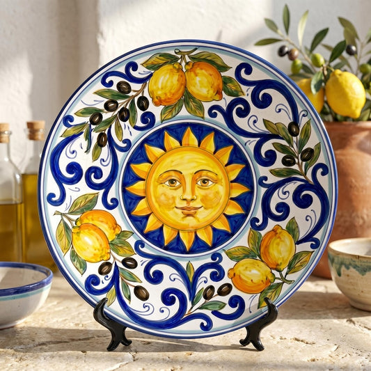 Mediterranean Sun Display Plate Inspired by Sicilian Citrus Groves and Traditional Blue Patterns Art