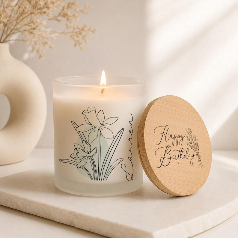 Personalized Birth Flower Candle, Printed Glass, Custom Name Gift for Her, Mom, Sister, Daughter