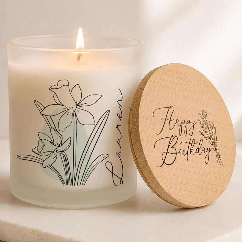 Personalized Birth Flower Candle, Printed Glass, Custom Name Gift for Her, Mom, Sister, Daughter