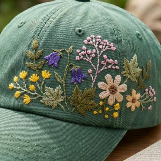 Hand Embroidered Floral Baseball Cap | 100% Cotton Hat | Botanical Garden Design