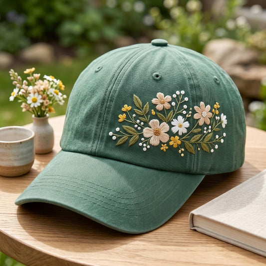 Hand Embroidered Cotton Baseball Cap, Floral Garden Sun Hat
