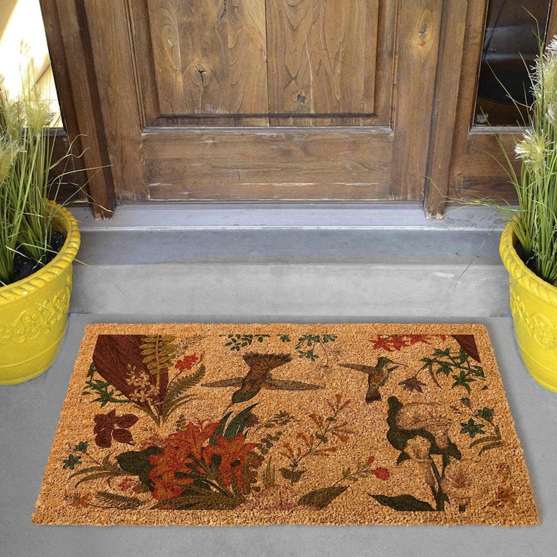 Hummingbird Welcome Mat: Floral Coir Door Rug (Custom Sizes Available)