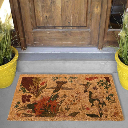 Hummingbird Welcome Mat: Floral Coir Door Rug (Custom Sizes Available)