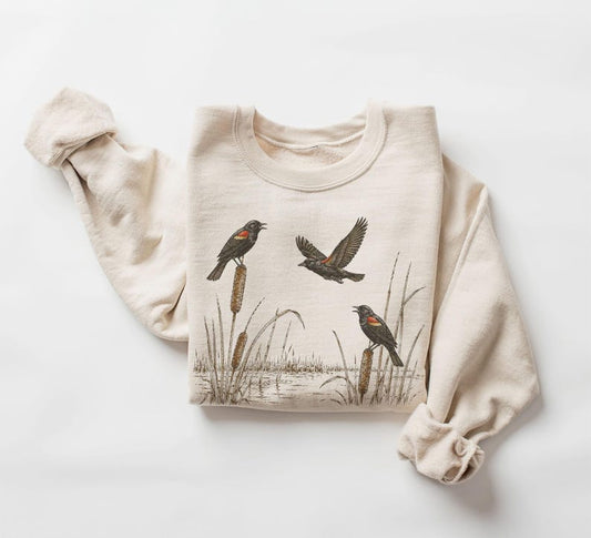 Retro 90's Red Winged Black Birds Cattails Field Guide Unisex Adult Crewneck Sweatshirt