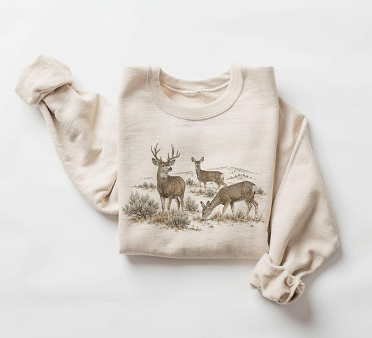 Retro 90's Buck & Doe Mule Deer Sagebrush Hill Scene  Unisex Adult Crewneck Sweatshirt
