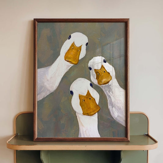 Funny Goose Wall Art Print, Three White Ducks Poster, Farmhouse Bird Decor, Whimsical Bathroom Artwork, Cottagecore Gift
