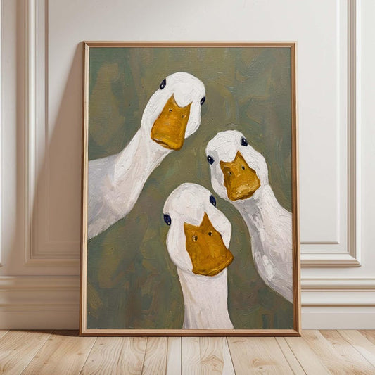 Funny Goose Wall Art Print, Three White Ducks Poster, Farmhouse Bird Decor, Whimsical Bathroom Artwork, Cottagecore Gift