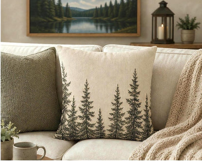 Pine Tree Pillow Cover, Rustic Cabin Chic Throw Pillowcase, Woodland Forest Lodge Home Decor, Cabincore Cushion Case Cozy Lake House Gift