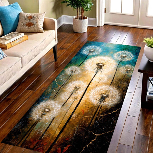 Dandelion Runner Rug: Teal Gold Botanical Carpet, Non-Slip Machine-Washable