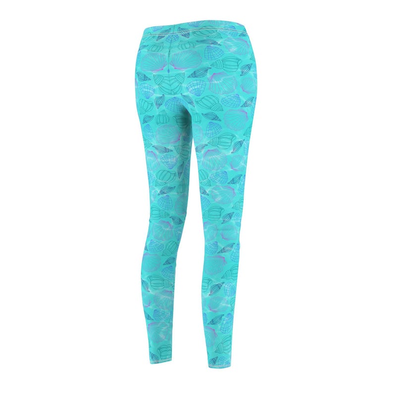 Beach Shell Leggings for Women, Coastal Seashell Yoga Pants, Ocean Blue Mid Rise Leggings, Beach Vacation Outfit, Matching Tee