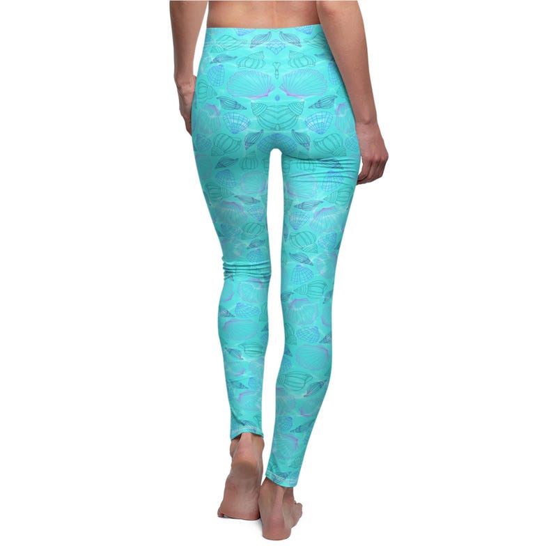 Beach Shell Leggings for Women, Coastal Seashell Yoga Pants, Ocean Blue Mid Rise Leggings, Beach Vacation Outfit, Matching Tee