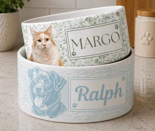 Custom Pet Ceramic Boho Bowl With Name Photo, Custom Floral Beach Dog Food Water Bowl, Cat Bowl With Name, Flower Pet Feeding Dish