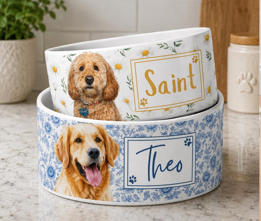 Custom Pet Ceramic Boho Bowl With Name Photo, Custom Floral Beach Dog Food Water Bowl, Cat Bowl With Name, Flower Pet Feeding Dish