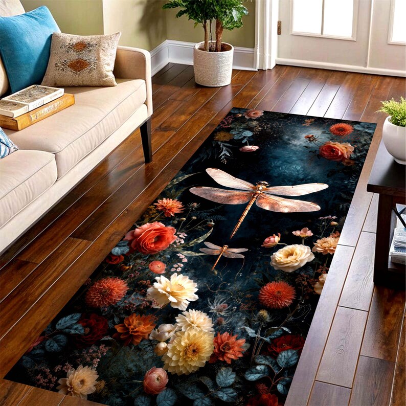 Dragonfly Floral Runner Rug: Moody Dark Botanical Carpet, Non-Slip Machine-Washable