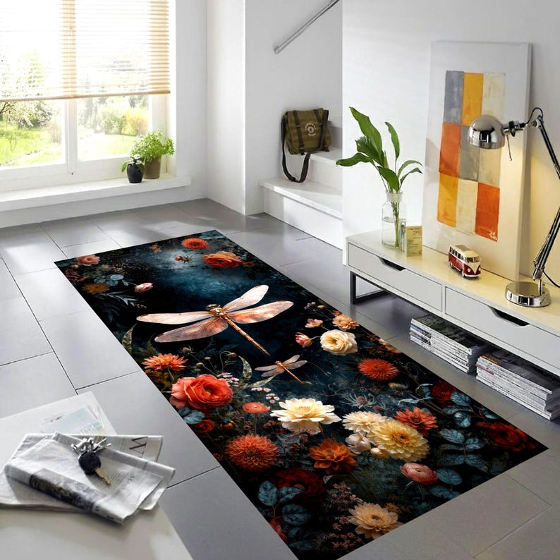 Dragonfly Floral Runner Rug: Moody Dark Botanical Carpet, Non-Slip Machine-Washable