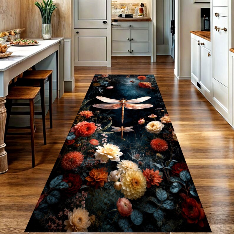 Dragonfly Floral Runner Rug: Moody Dark Botanical Carpet, Non-Slip Machine-Washable