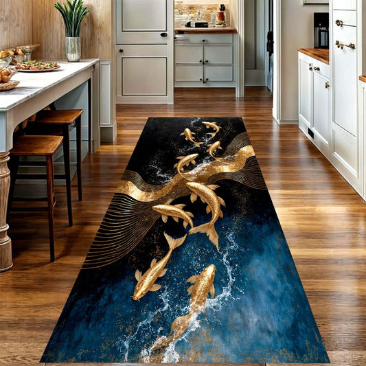 Gold Koi Fish Runner Rug: Black Blue Water Carpet, Non-Slip Machine-Washable