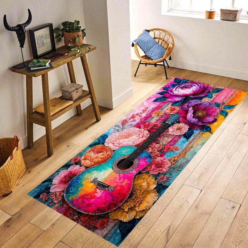 Colorful Guitar Runner Rug: Floral Music Hallway Carpet, Non-Slip Machine-Washable