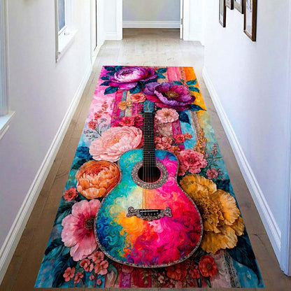 Colorful Guitar Runner Rug: Floral Music Hallway Carpet, Non-Slip Machine-Washable