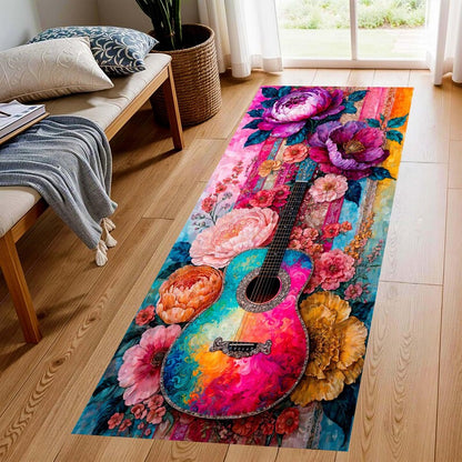 Colorful Guitar Runner Rug: Floral Music Hallway Carpet, Non-Slip Machine-Washable