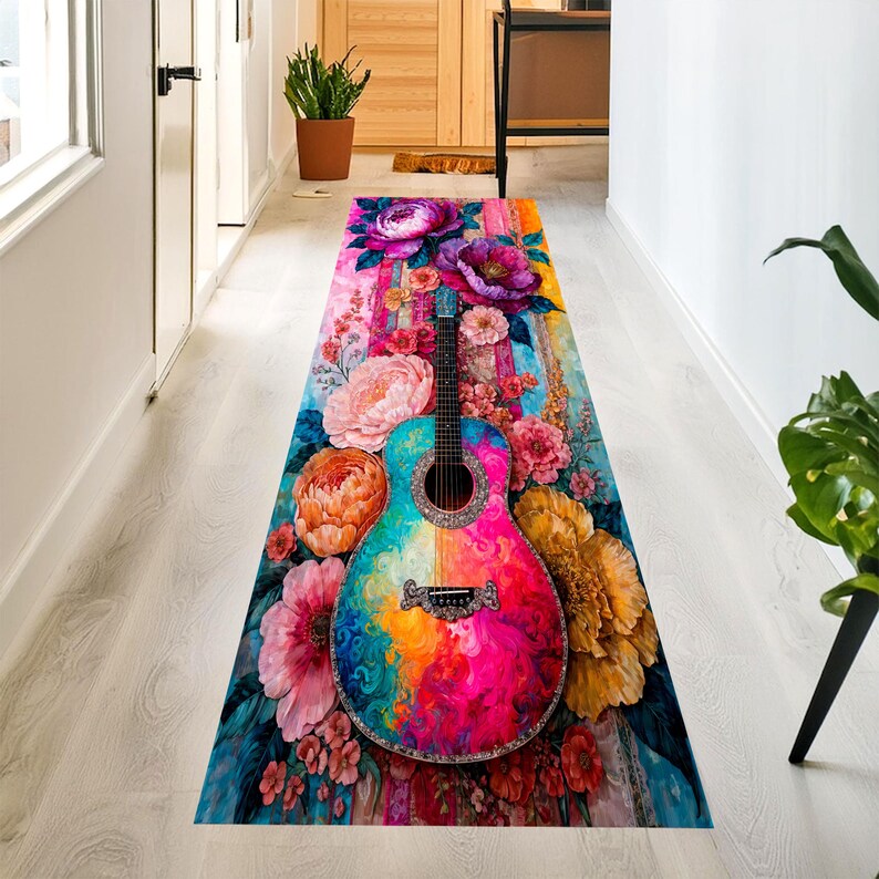Colorful Guitar Runner Rug: Floral Music Hallway Carpet, Non-Slip Machine-Washable