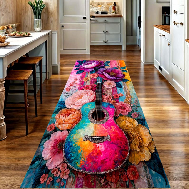 Colorful Guitar Runner Rug: Floral Music Hallway Carpet, Non-Slip Machine-Washable