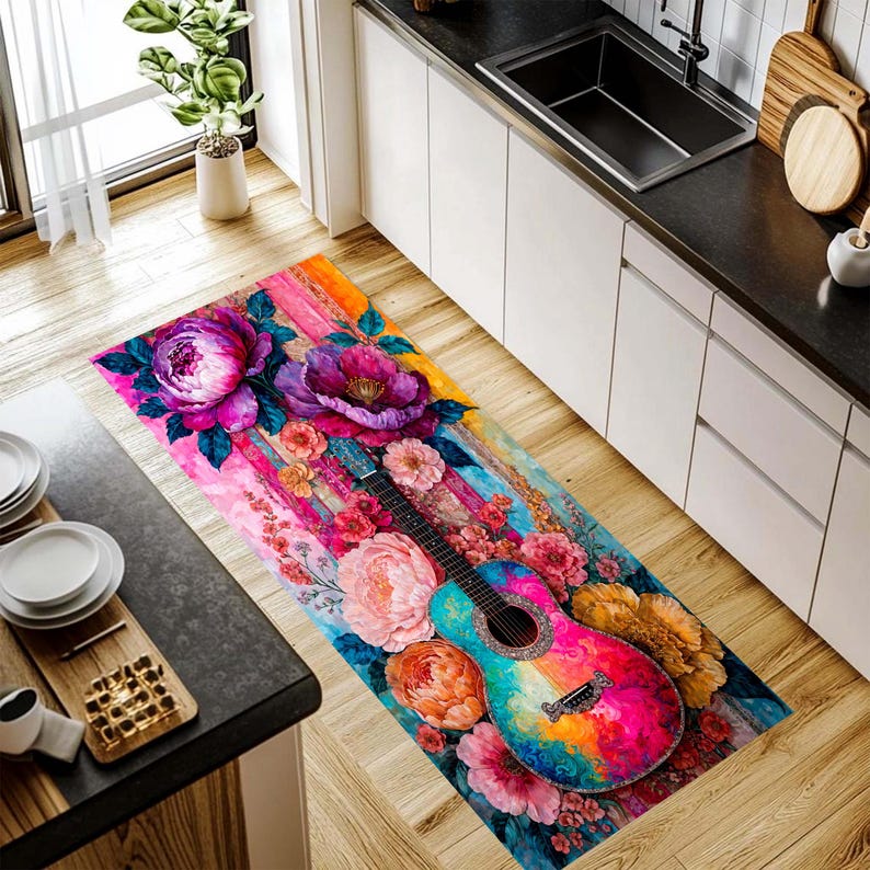Colorful Guitar Runner Rug: Floral Music Hallway Carpet, Non-Slip Machine-Washable