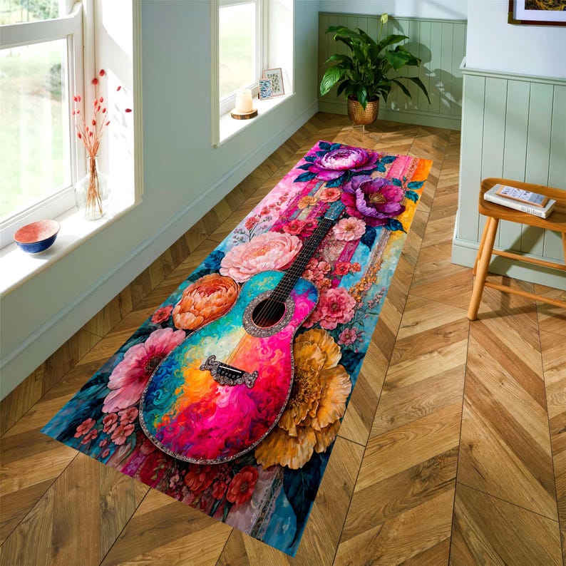 Colorful Guitar Runner Rug: Floral Music Hallway Carpet, Non-Slip Machine-Washable