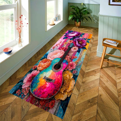 Colorful Guitar Runner Rug: Floral Music Hallway Carpet, Non-Slip Machine-Washable