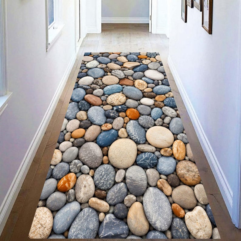 Pebble Stone Runner Rug: River Rock Kitchen Carpet, Non-Slip Machine-Washable
