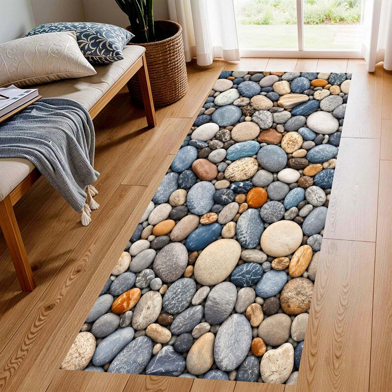 Pebble Stone Runner Rug: River Rock Kitchen Carpet, Non-Slip Machine-Washable