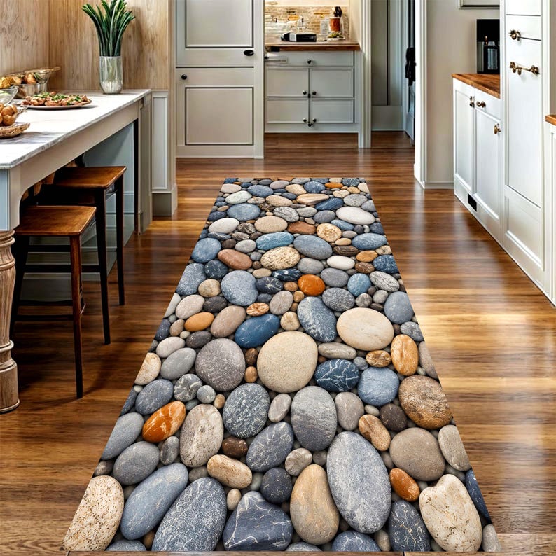 Pebble Stone Runner Rug: River Rock Kitchen Carpet, Non-Slip Machine-Washable