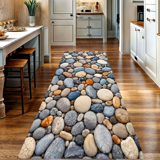 Pebble Stone Runner Rug: River Rock Kitchen Carpet, Non-Slip Machine-Washable
