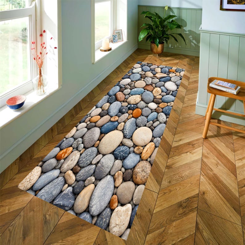 Pebble Stone Runner Rug: River Rock Kitchen Carpet, Non-Slip Machine-Washable