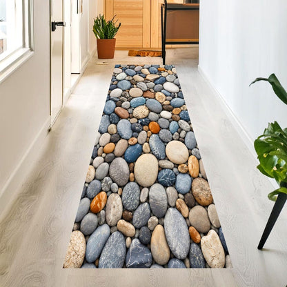 Pebble Stone Runner Rug: River Rock Kitchen Carpet, Non-Slip Machine-Washable