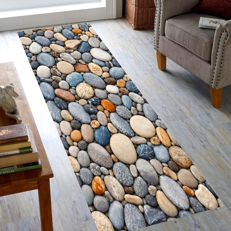 Pebble Stone Runner Rug: River Rock Kitchen Carpet, Non-Slip Machine-Washable