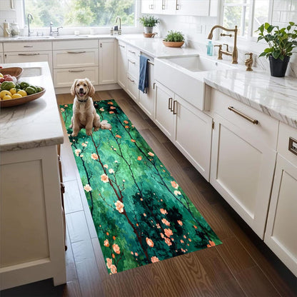 Green Blossom Runner Rug: Forest Branch Floral Hallway Carpet, Non-Slip Machine-Washable