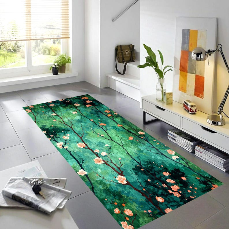 Green Blossom Runner Rug: Forest Branch Floral Hallway Carpet, Non-Slip Machine-Washable