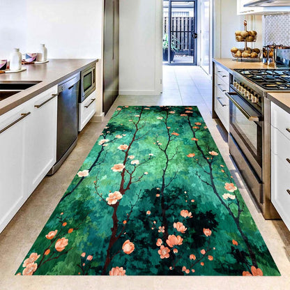 Green Blossom Runner Rug: Forest Branch Floral Hallway Carpet, Non-Slip Machine-Washable
