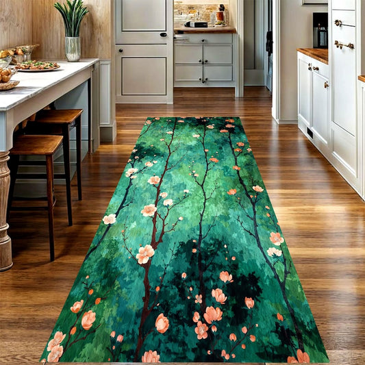 Green Blossom Runner Rug: Forest Branch Floral Hallway Carpet, Non-Slip Machine-Washable