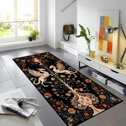 Twin Dragon Printed Runner Rug: Gothic Medieval Fantasy Floral Hallway Carpet, Non-Slip Machine-Washable