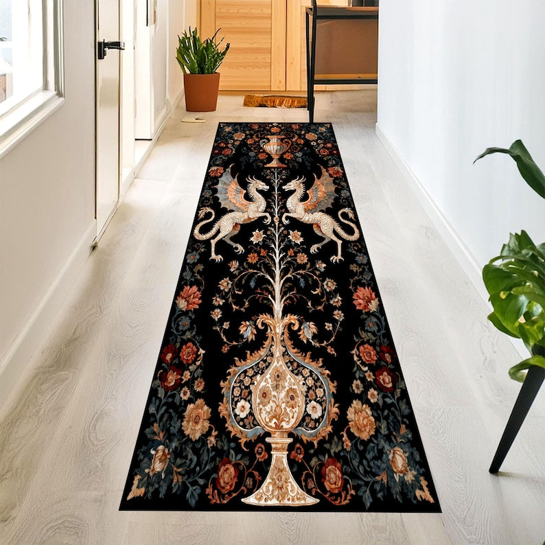 Twin Dragon Printed Runner Rug: Gothic Medieval Fantasy Floral Hallway Carpet, Non-Slip Machine-Washable