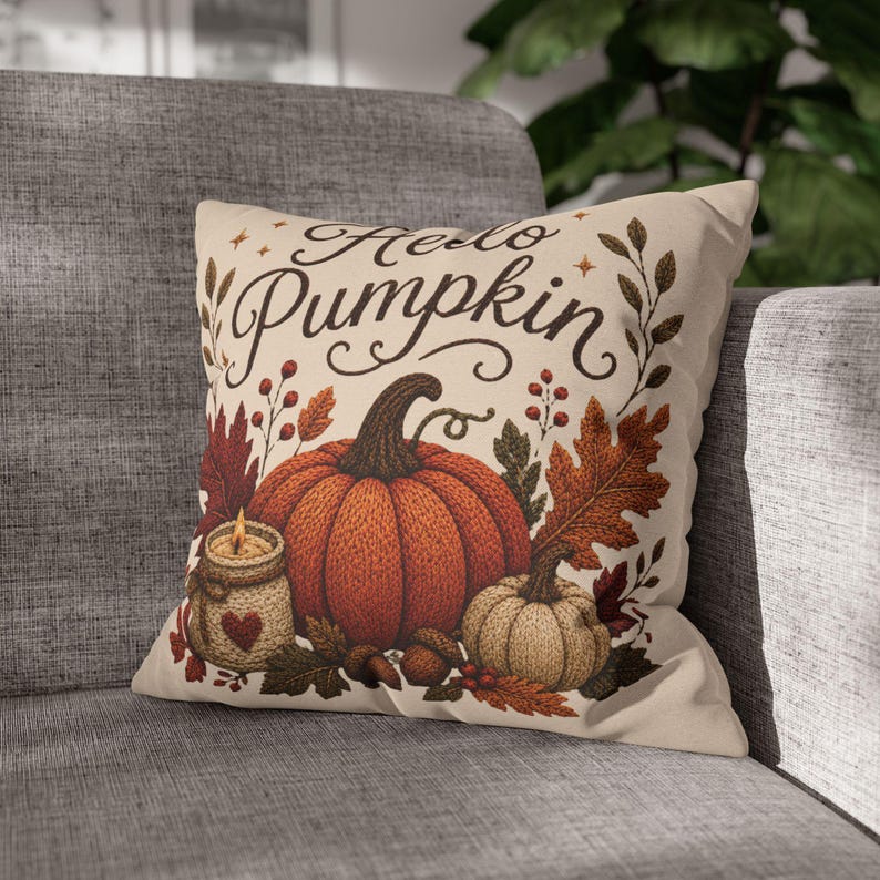 Hello Pumpkin Pillowcase | Beige Fall Throw Pillowcase | Cozy Autumn Farmhouse Home Decor| Pumpkin cute pillow covers| Thanksgiving pillow