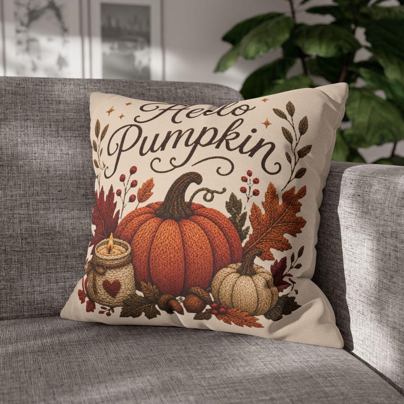 Hello Pumpkin Pillowcase | Beige Fall Throw Pillowcase | Cozy Autumn Farmhouse Home Decor| Pumpkin cute pillow covers| Thanksgiving pillow