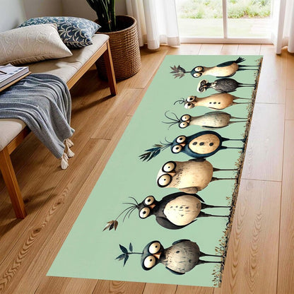 Whimsical Bird Runner Rug: Mint Green Quirky Owl Hallway Carpet, Non-Slip Machine-Washable