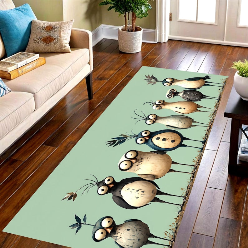 Whimsical Bird Runner Rug: Mint Green Quirky Owl Hallway Carpet, Non-Slip Machine-Washable