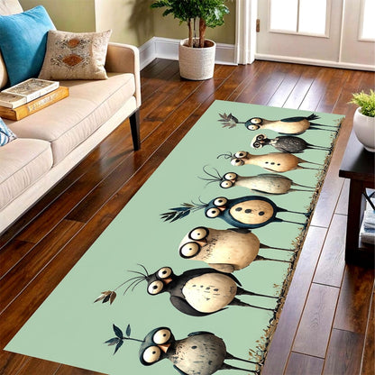 Whimsical Bird Runner Rug: Mint Green Quirky Owl Hallway Carpet, Non-Slip Machine-Washable