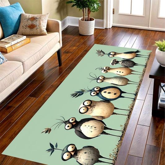 Whimsical Bird Runner Rug: Mint Green Quirky Owl Hallway Carpet, Non-Slip Machine-Washable